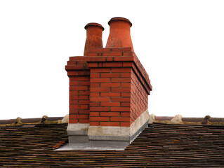 Roof of old French house with flat tiles and red brick chimneys