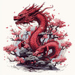 Happy chinese new year 2024, Red Dragon Zodiac with cherry blossom tree on white background,Generative Ai