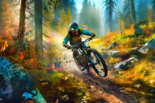Young Athletic Man In Helmet And Protective Gear Riding Downhill On Mountainbike. AI Generativ.