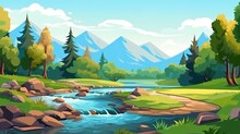 Beautiful Mountain Lake Scenery With Clear Still Water, Mountain Ridge, Dense Forest, Meadow Shores And Tall Pine Trees In The Foreground. Generative Ai.