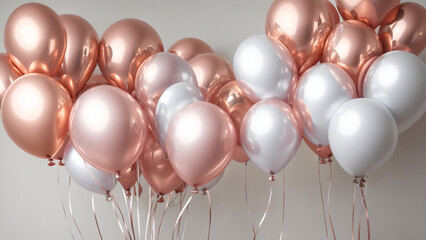 Rose gold, silver balloons and white background events wedding sale happy atmosphere