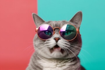 Wall Mural - pet neon fashion cat sunglasses portrait animal cute funny colourful. Generative AI.