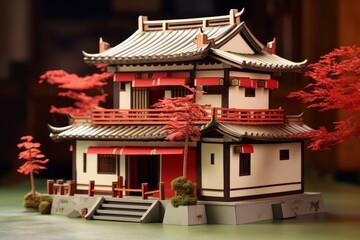 Wall Mural - Paper sculpture - house in Japanese style and trees. Origami, paper art style. Generative AI