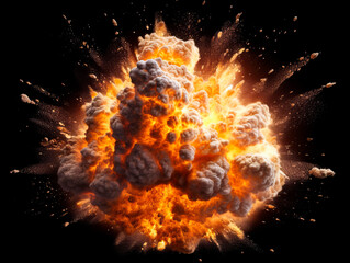 Realistic fiery explosion with sparks and smoke over a black background. Ai Generative illustration.