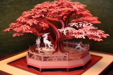 Wall Mural - Paper sculpture - pink sakura, animal. Japanese origami, paper art style. Generative AI