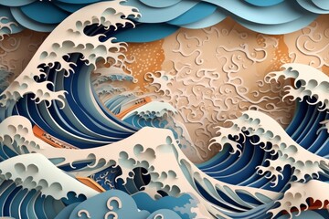 Canvas Print - Summer landscape - sea, waves and foam. Japanese origami, paper art style. Generative AI