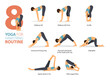 8 Yoga poses or asana posture for workout in hamstring routine concept. Women exercising for body stretching. Fitness infographic. Flat cartoon vector.