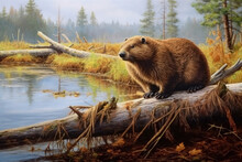 Wild Beaver Sitting On A Log In The Autumn Forest Lake.. Generative AI.