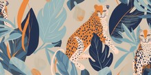 Hand Drawn Abstract Jungle Pattern With Leopards. Creative Collage Contemporary Seamless Pattern. Natural Colors. Fashionable Template For Design, Generative AI