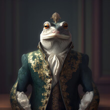 Realistic Lifelike Frog Toad In Renaissance Regal Medieval Noble Royal Outfits, Commercial, Editorial Advertisement, Surreal Surrealism. 18th-century Historical. 