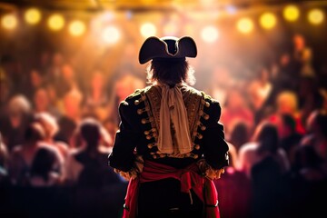 Entertaining as a Pirate: Performing Arts on Stage with Audience in Blurred Background. Generative AI