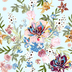 Poster - Fashion vector seamless pattern watercolor flowers tulips, florals, cosmos