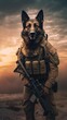 Cinematic photo battle dog battlefield dog vest tactical german shepherd dog on the beach