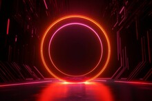 3d Render, Abstract Background, Cosmic Landscape, Round Portal Frame, Red Neon Light, Virtual Reality, Energy, Glowing Fire Ring, Dark Space, Infrared, Generative AI