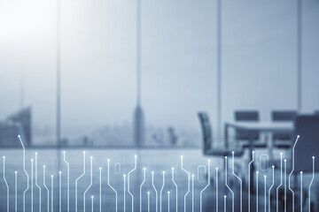 Aufkleber - Abstract virtual micro chip hologram on a modern coworking room background, artificial intelligence and machine learning concept. Multi exposure