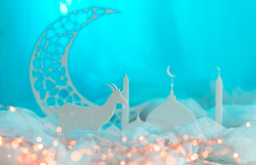 Wall Mural - Eid Al Adha concept background, Goat with mosque and crescent moon, Eid Greetings photo