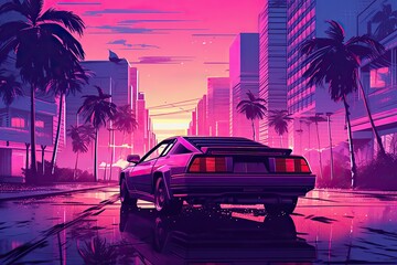 Sticker - Synthwave illustration of retro futuristic car on city street in neon colors. Generative AI