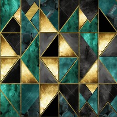 seamless pattern, geometric background with black gold and green triangles. Trendy wall mosaic tiles with artificial stone textures. Modern marble, Generative AI
