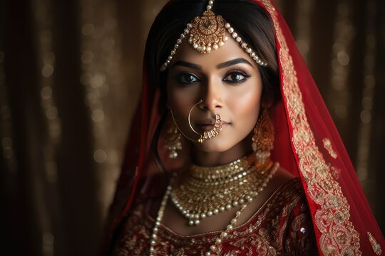 beautiful indian bride in red lehenga looking at the camera, traditional indian wedding, generative 