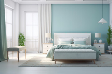 A modern bedroom oasis with blue walls, contemporary furniture, and serene ambiance. Create your dream space with this interior design mockup. Cozy retreat. Ai generative.