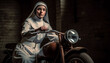 Happy cool smiling nun driving on scooter, funny portrait,