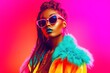 canvas print picture - High fashion studio portrait of young african american woman with sunglasses, beautiful makeup, bright neon colors. Generative AI