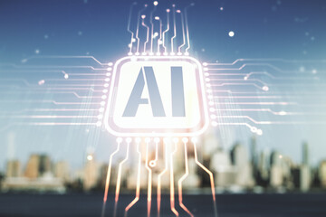 Poster - Abstract virtual artificial Intelligence symbol hologram on blurry skyline background. Multiexposure