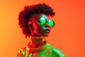 Wall Mural - High fashion studio portrait of young african american woman with sunglasses, beautiful makeup, bright neon colors. Generative AI