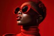 © iridescentstreet - High fashion studio portrait of young african american woman with red sunglasses, beautiful makeup, luxury style. Generative AI