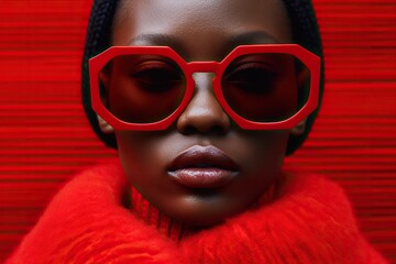 Wall Mural - High fashion studio portrait of young african american woman with red sunglasses, beautiful makeup, luxury style. Generative AI