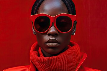 Wall Mural - High fashion studio portrait of young african american woman with red sunglasses, beautiful makeup, luxury style. Generative AI