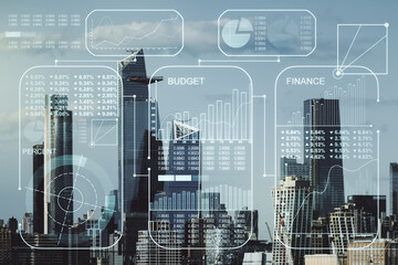Poster - Abstract virtual stats data hologram on New York city skyline background. Multiexposure
