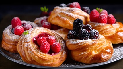 Mix Berry and Cherry Viennoiserie, Rich and Delicate French Pastry, Sprinkled with Powdered Sugar