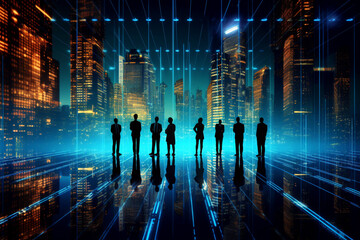 Silhouette of business people in a row standing against the backdrop of digital technology with a view of the night city. AI generated