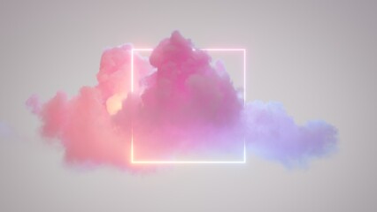 Poster - 3d rendering, abstract minimalist background of pastel cloud and blank linear square frame glowing with neon light, simple geometric wallpaper