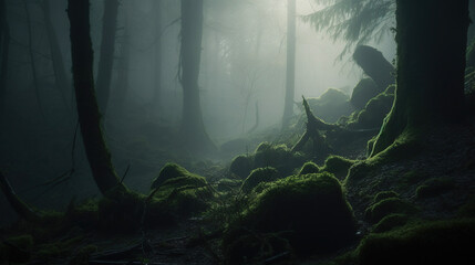 Wall Mural - Fog in the forest. AI