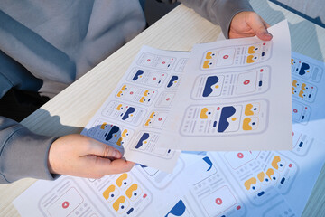 UX mobile application wireframe. Sketch, prototype, framework, layout future app design project. UI/UX - user interface and user experience designer. Creative concept for smartphone. App development