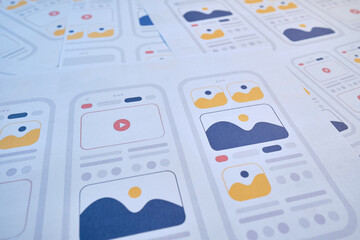 UX mobile application wireframe. Sketch, prototype, framework, layout future app design project. UI/UX - user interface and user experience designer. Creative concept for smartphone. App development 