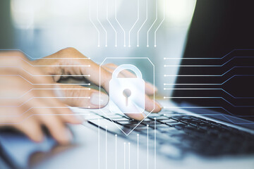 Aufkleber - Creative idea concept with lock symbol and microcircuit illustration and hands typing on laptop on background. Protection and firewall concept. Multiexposure