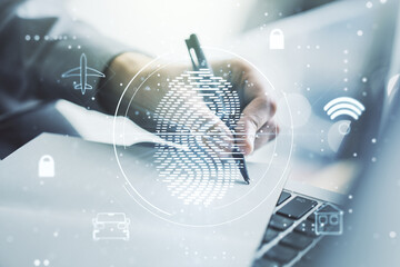 Aufkleber - Double exposure of abstract creative fingerprint hologram with hand writing in notebook on background with laptop, research and development concept
