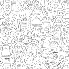 Wall Mural - autumn seamless pattern with monochrome doodles, cartoon elements, etc for coloring pages, wallpaper, textile prints, scrapbooking, etc. EPS 10