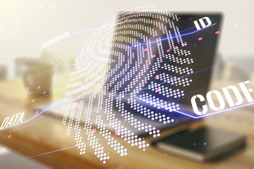 Poster - Double exposure of abstract creative fingerprint hologram and modern desk with computer on background, protection of personal information concept