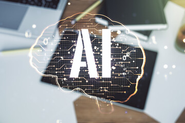 Poster - Creative artificial Intelligence concept with human brain sketch and modern digital tablet on desktop on background, top view. Double exposure