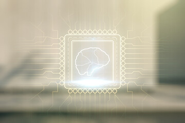 Poster - Virtual creative artificial Intelligence hologram with human brain sketch on blurry modern office building background. Multiexposure