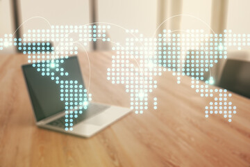 Poster - Abstract creative world map with connections on modern laptop background, international trading concept. Multiexposure