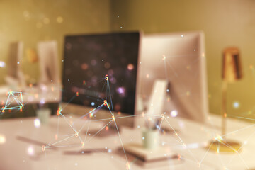 Poster - Creative concept of wireless technology on modern laptop background. Big data and database concept. Multiexposure