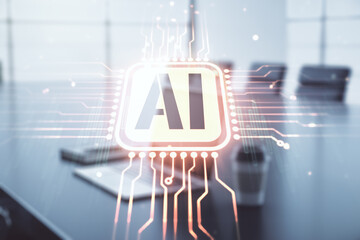 Aufkleber - Creative artificial Intelligence symbol concept with modern laptop on background. Multiexposure