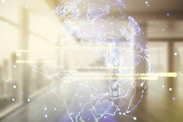 Poster - Multi exposure of abstract software development hologram and world map on empty modern office background, global research and analytics concept