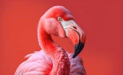 Wall Mural - Pink flamingo against pink background. Generative AI.