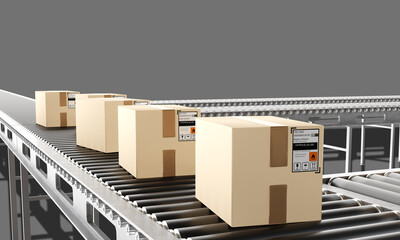 Poster - Conveyor with boxes. Parcels with flammable symbol. Automated production line. Factory conveyor on gray. Cardboard boxes with white stickers. Conveyor in autonomous warehouse. 3d image